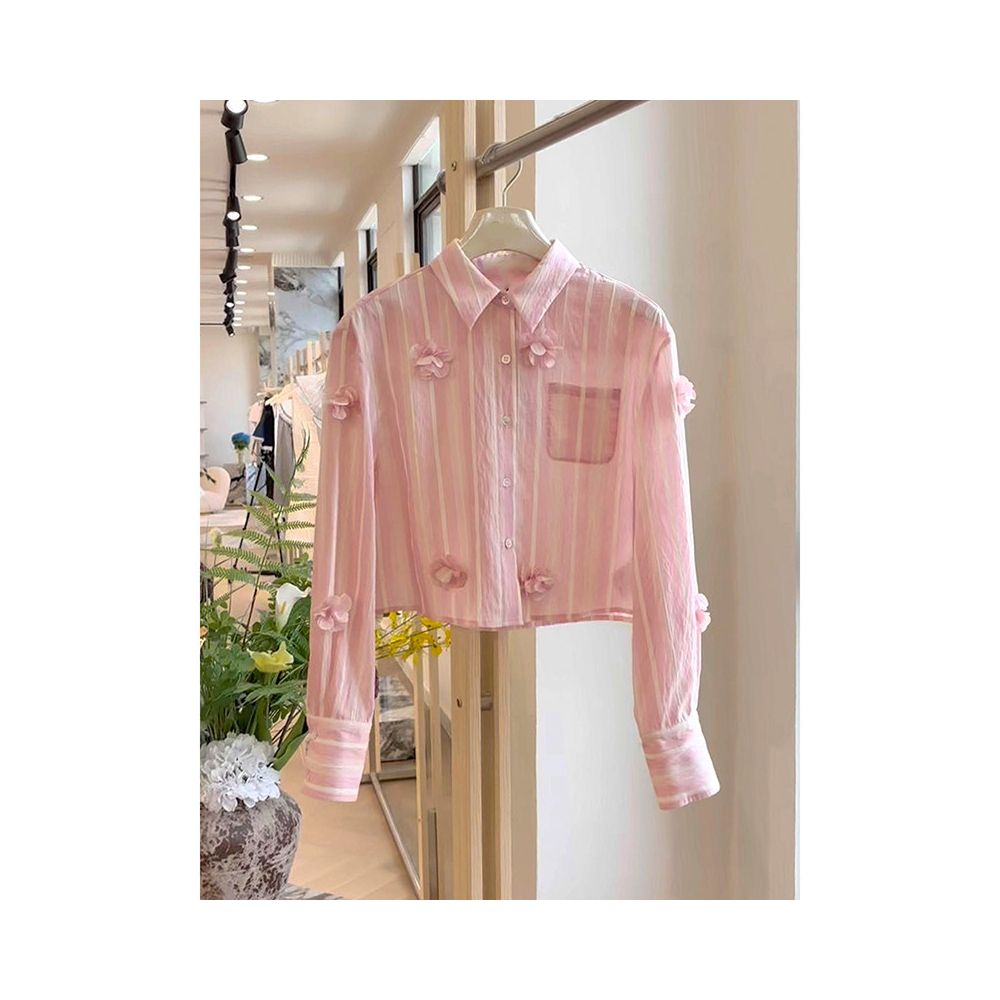 Same style pink three dimensional flower striped shirt for women s autumn high end petite bourgeoisie small top long sleeved shirt in the mall image 0
