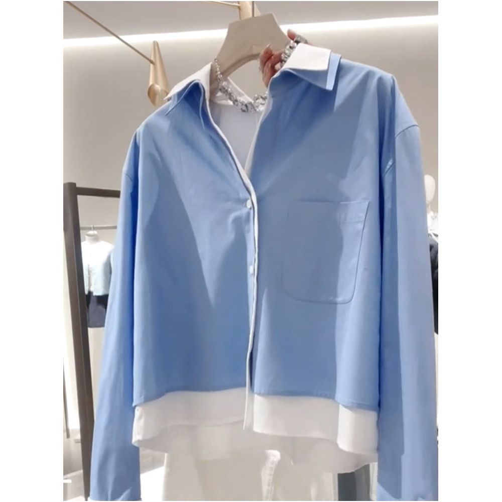 In Stock Unique and Distinctive Blue Chanel Style Collared Faux Two Piece Shirt for Women Spring 2026 image 1