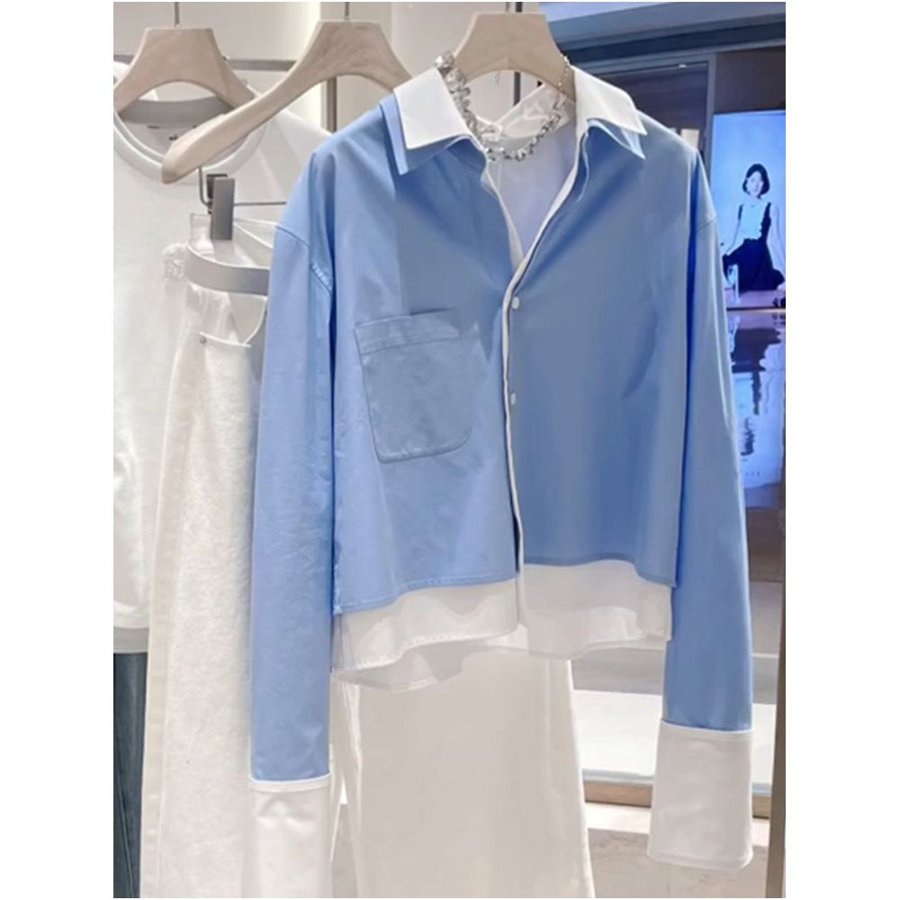 In Stock Unique and Distinctive Blue Chanel Style Collared Faux Two Piece Shirt for Women Spring 2026 image 3