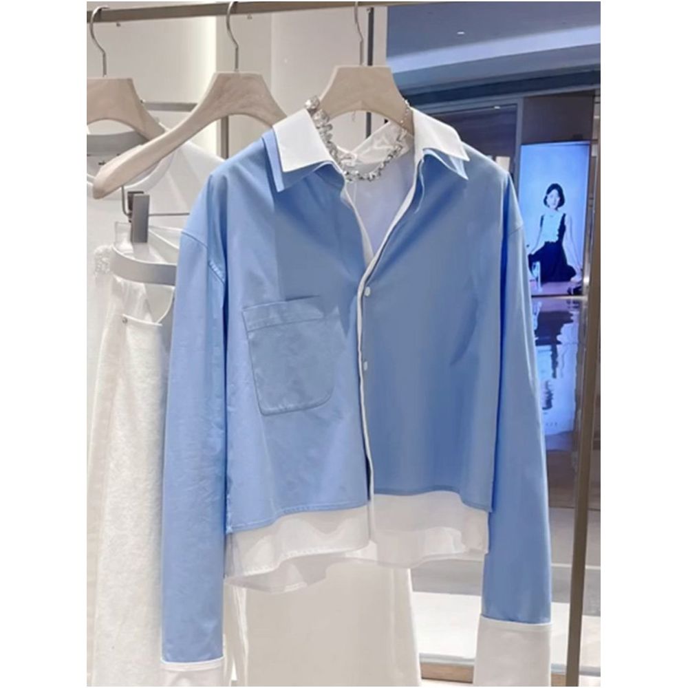 In Stock Unique and Distinctive Blue Chanel Style Collared Faux Two Piece Shirt for Women Spring 2026 image 4