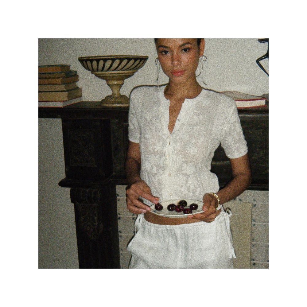 Bettychow cotton and linen embroidered white short sleeved cardigan French fashionable small V neck exquisite slimming needle cardigan image 1