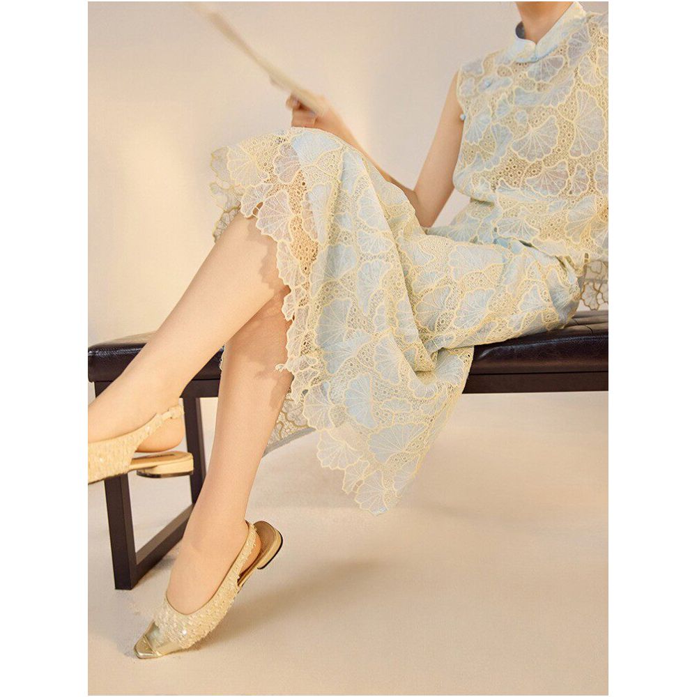 Tangdou Haute Couture Qingya Collection Summer Chinese Style Suit Women s Embroidered Slanted Blank Lace Vest and Skirt Two Piece Set image 2