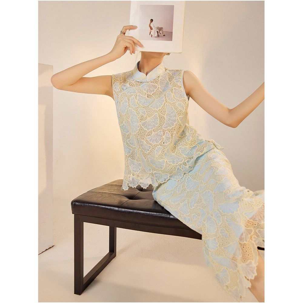 Tangdou Haute Couture Qingya Collection Summer Chinese Style Suit Women s Embroidered Slanted Blank Lace Vest and Skirt Two Piece Set image 3