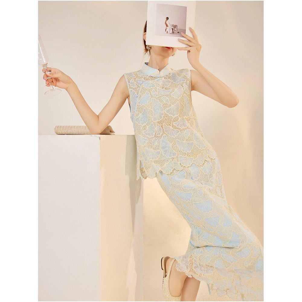 Tangdou Haute Couture Qingya Collection Summer Chinese Style Suit Women s Embroidered Slanted Blank Lace Vest and Skirt Two Piece Set image 4