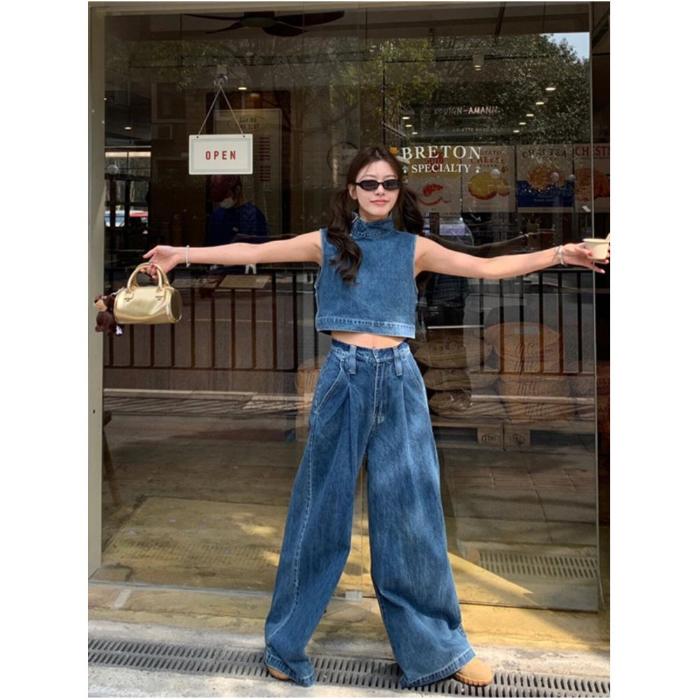 Retro blue denim two piece set for women summer 2026 trendy American style featuring a vest top and wide leg pants image 2
