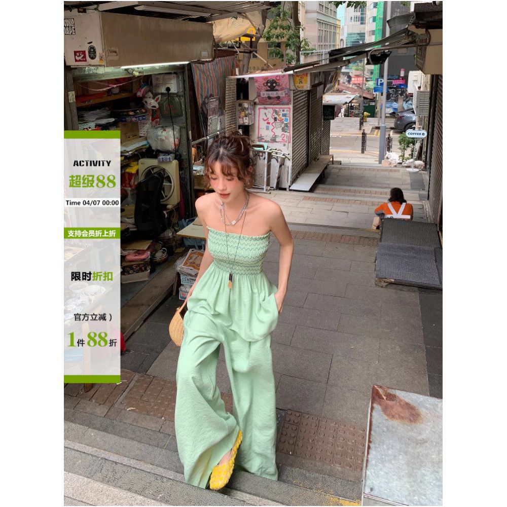 DULA Good Home Light Green Sexy Strapless Vest with Skirt for Women Summer Set with Casual Wide Leg Pants image 0