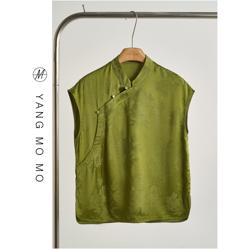 New Chinese style elegant and luxurious green jacquard stand collar diagonal placket short sleeve T shirt and skirt suit new summer style for women image 1