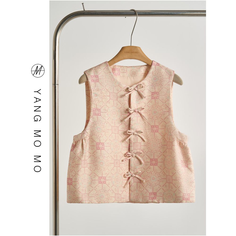 New Chinese style sweet and improved pink jacquard bow flower sleeveless vest and skirt suit for women new summer style image 1