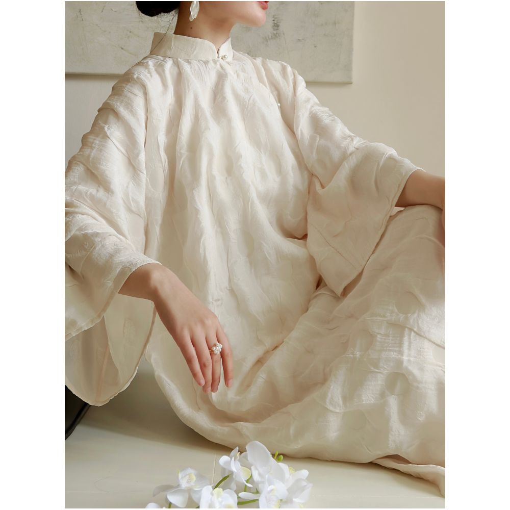 TAORAN Women s Style Modified Chinese Style White Dress Young Women s Zen Inspired Tea Dress Reversible Long Skirt image 3