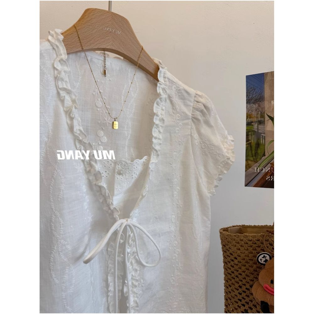 French style V neck tie up faux two piece short sleeved shirt for women summer loose casual embroidered ruffle trim petite top image 2