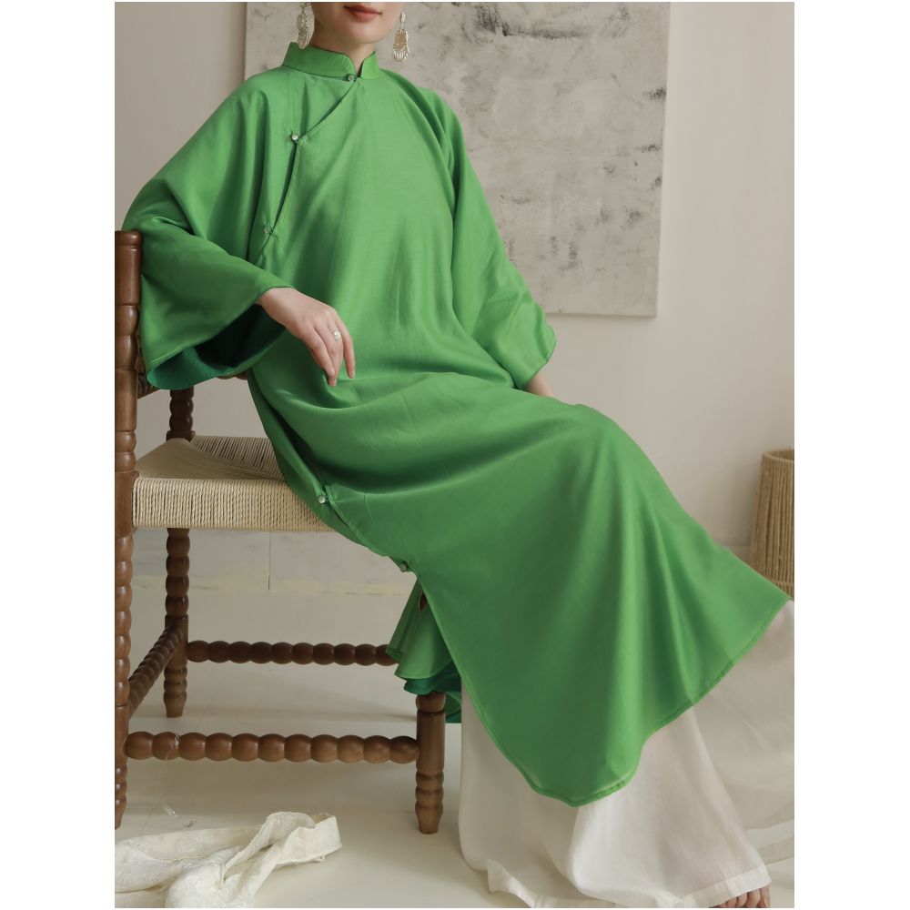 TAORAN Women s Stand Collar Three Quarter Sleeve Long Cheongsam Dress with Chinese Style Zen Tea Design Green Reversible Dress image 4
