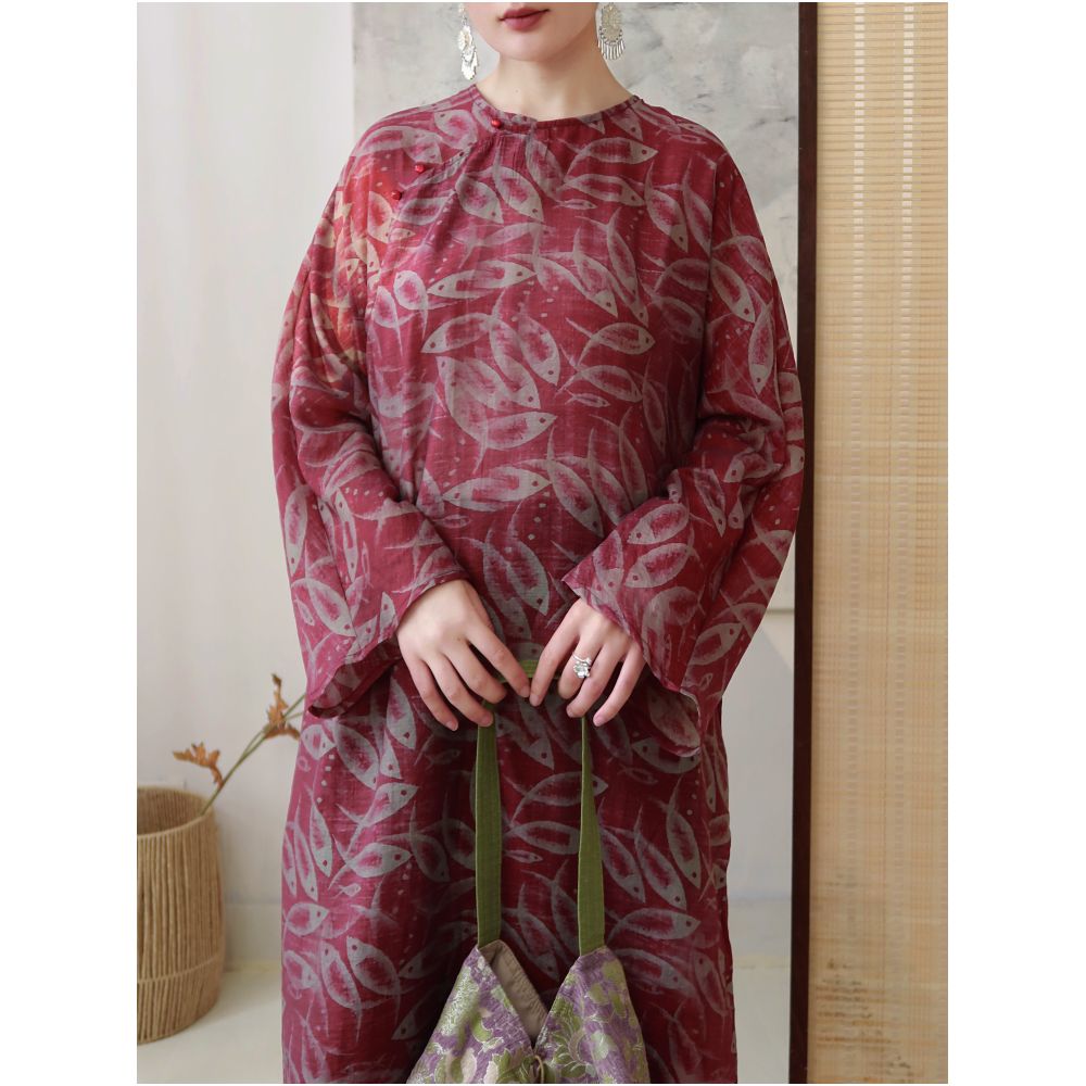 TAORAN Women s Chinese Style Modified Cheongsam Traditional Printed Dress Retro Literary Style Zen Robe Tea Set image 1