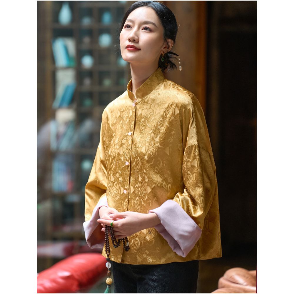 New Year Women s Silk Elastic Jacquard Retro Chinese Tang Suit Women s Improved Chinese Style Front Opening Stand Collar Top image 2