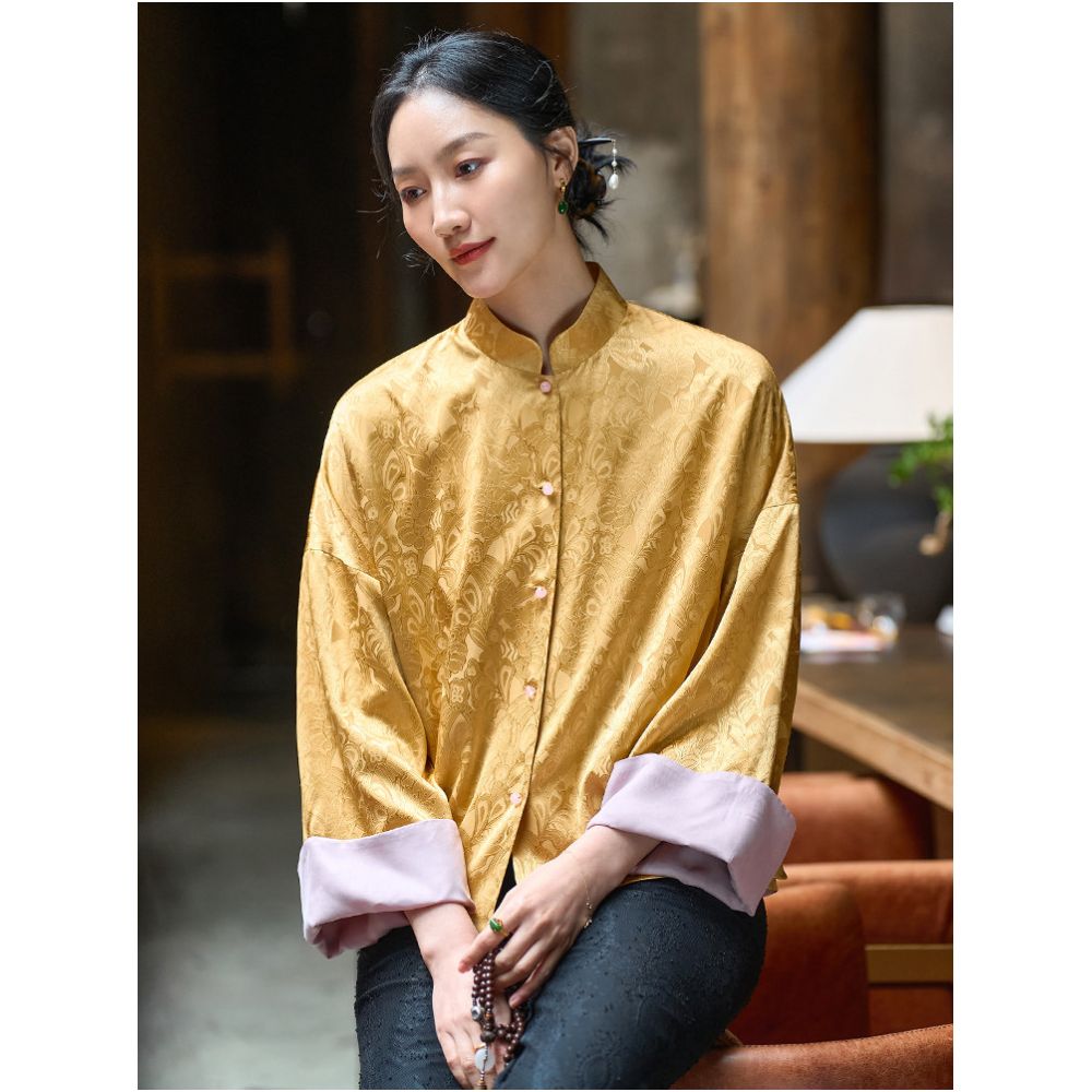 New Year Women s Silk Elastic Jacquard Retro Chinese Tang Suit Women s Improved Chinese Style Front Opening Stand Collar Top image 3
