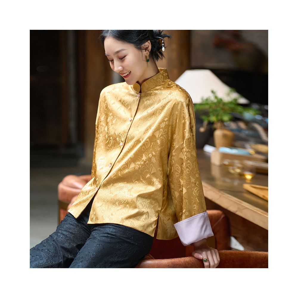 New Year Women s Silk Elastic Jacquard Retro Chinese Tang Suit Women s Improved Chinese Style Front Opening Stand Collar Top image 0
