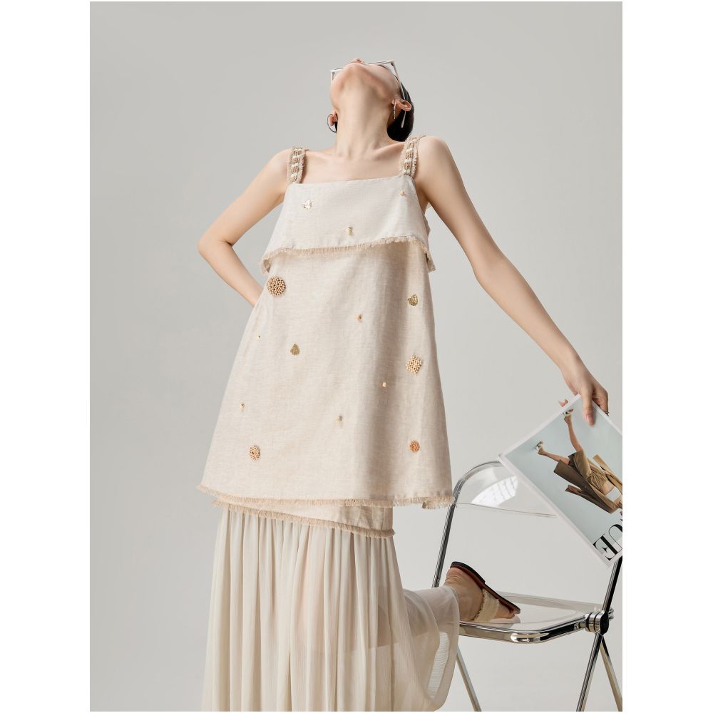 Super cute beige linen beaded sleeveless slip dress two piece set for women a super popular summer outfit for 2026 image 2