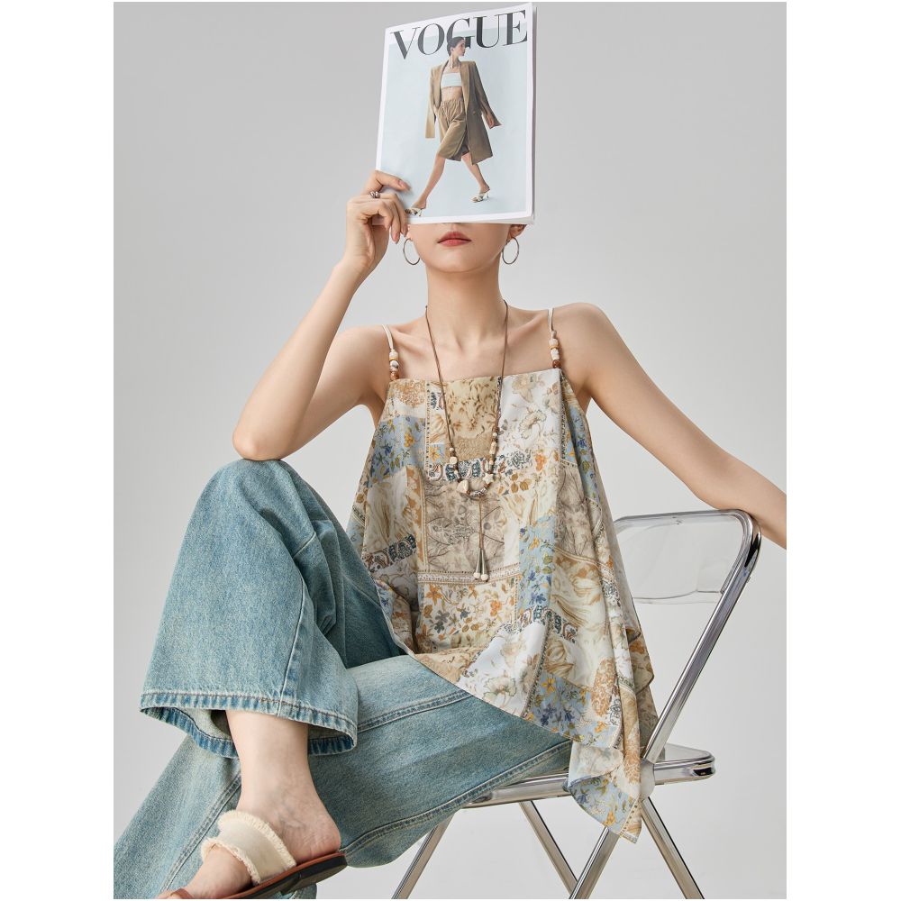 Super cute bohemian vacation style patchwork print camisole for women perfect for summer wear high end sleeveless top image 2