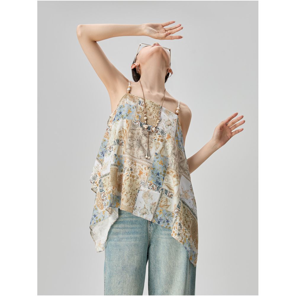Super cute bohemian vacation style patchwork print camisole for women perfect for summer wear high end sleeveless top image 3