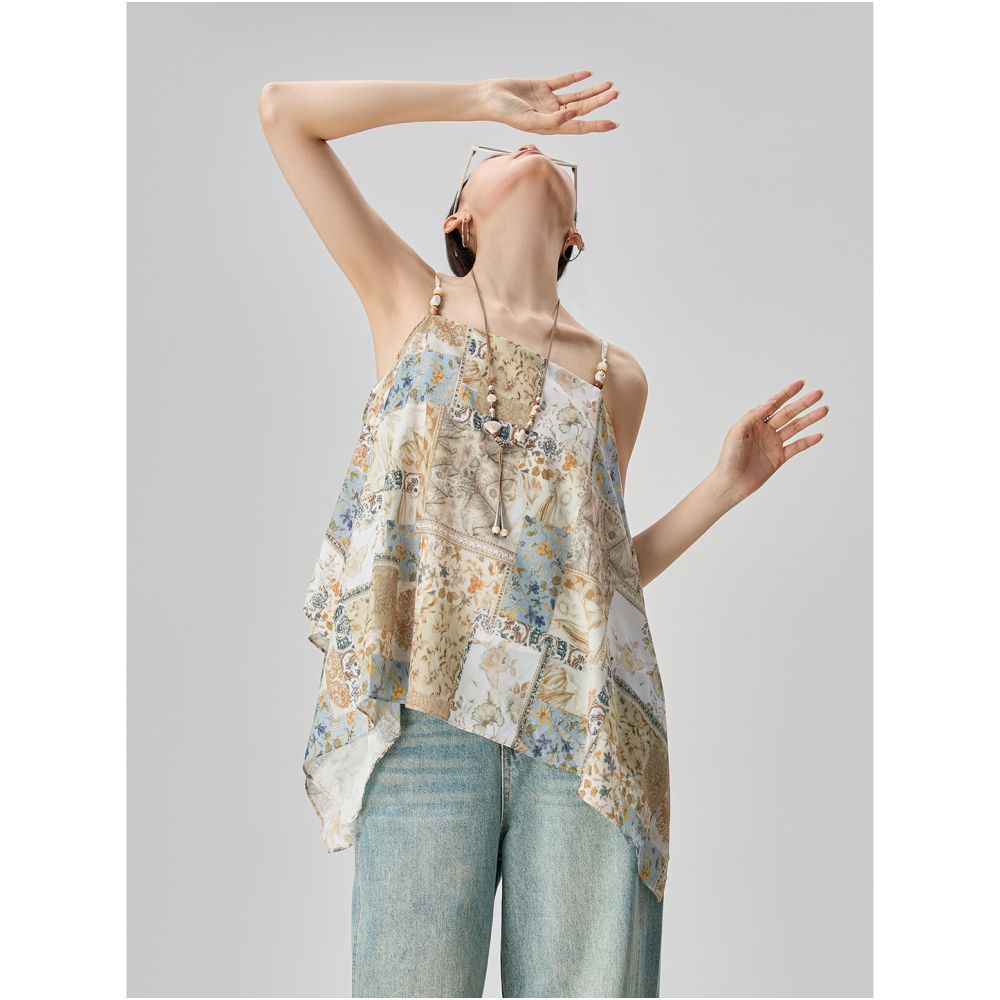 Super cute bohemian vacation style patchwork print camisole for women perfect for summer wear high end sleeveless top image 0