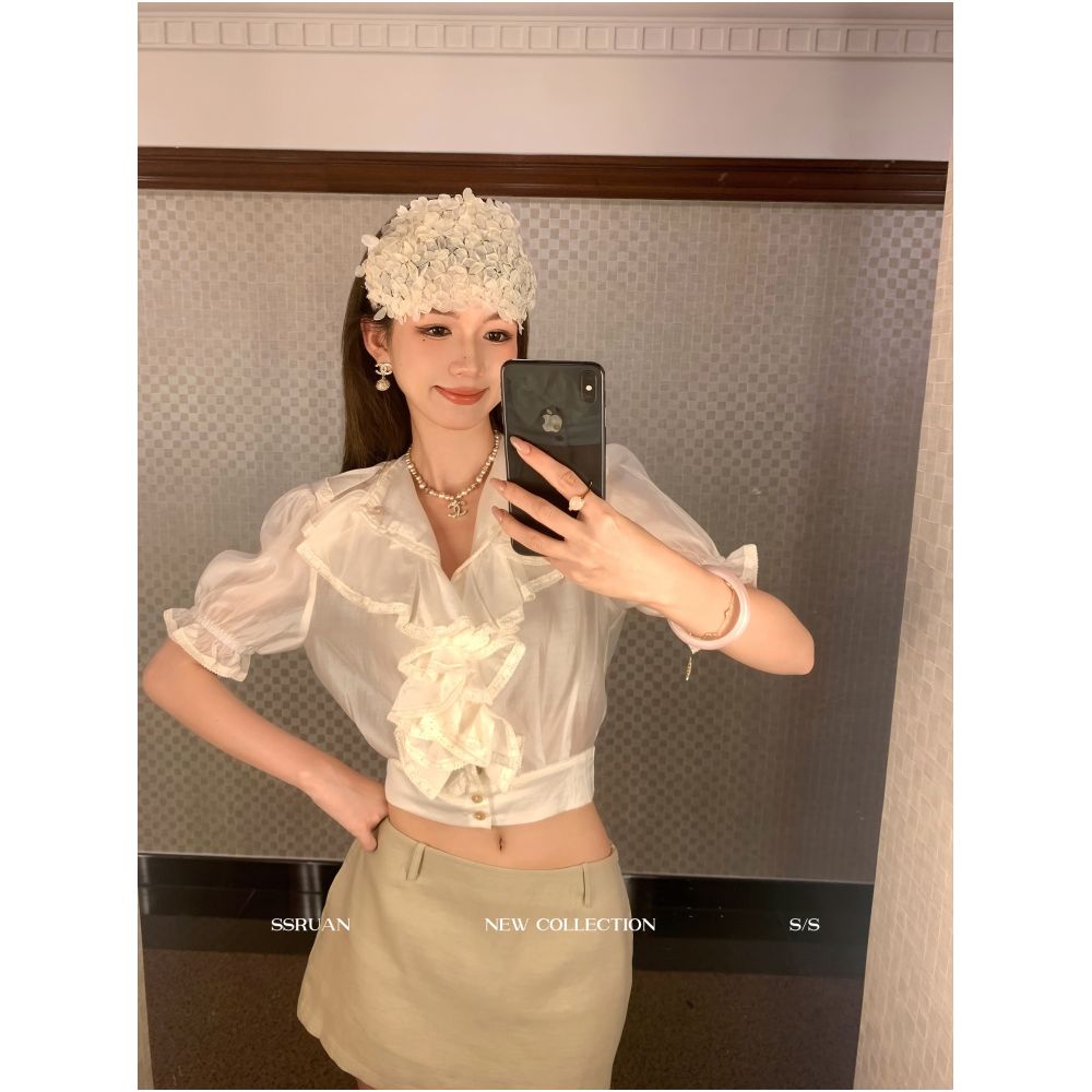 Sam Seoi Da Fan s heavy duty design chiffon blouse with ruffled lace trim and V neck a stylish summer top for women image 1