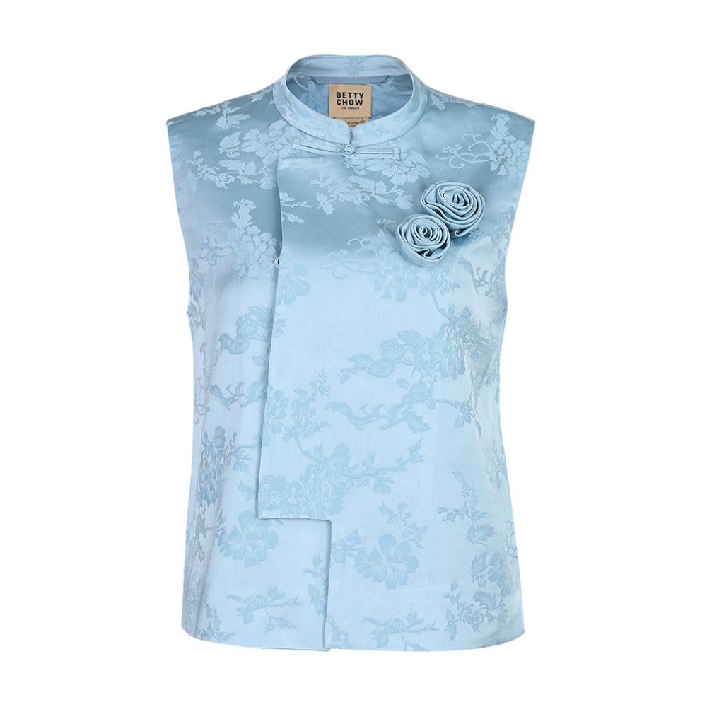 Bettychow Silk Shoulder Wrapped Rose Brooch Chinese Style Vest in Blue and Black Elegant Chinese Style Top image 4