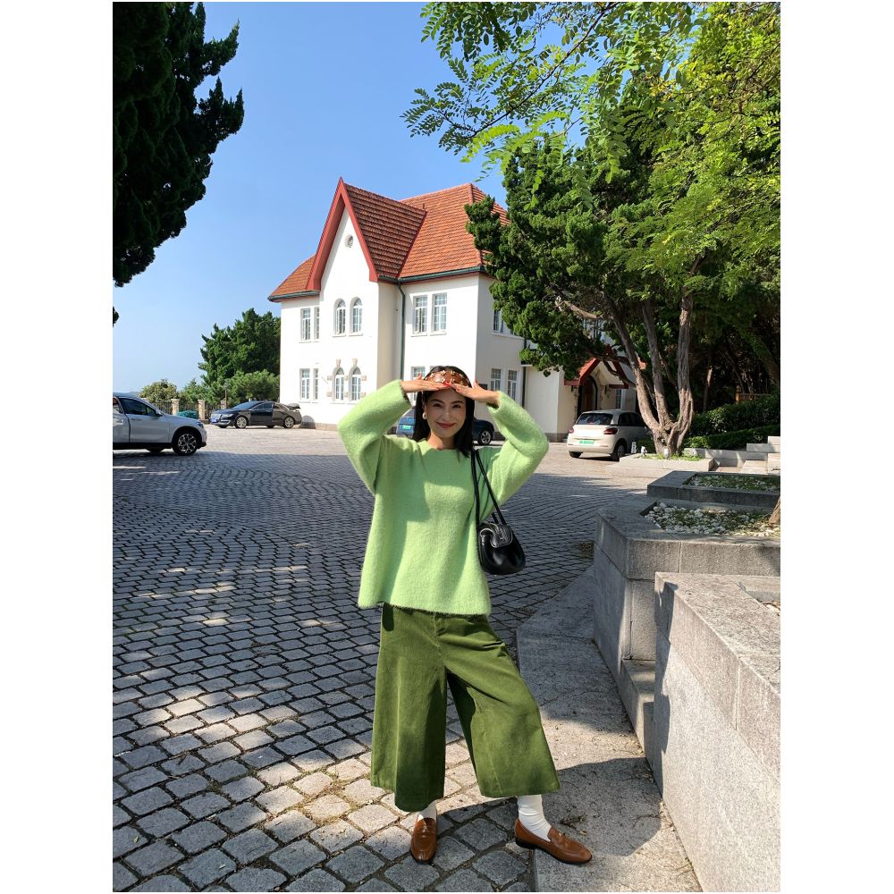 Jinyuhua Pants 2025 New Style Popular Green Corduroy Wide Leg Pants Cropped Pants Autumn Winter image 2