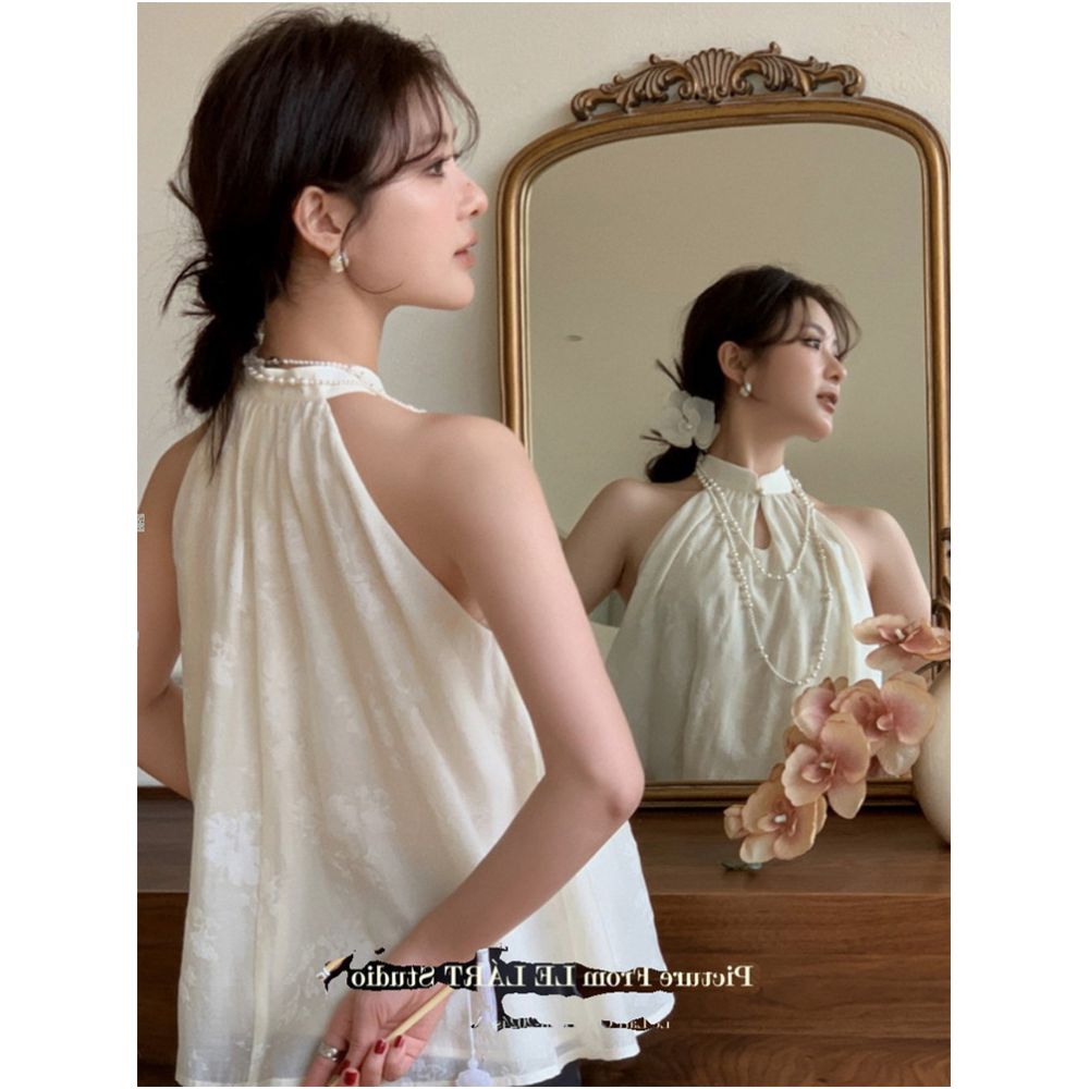 New Chinese style stand up collar jacquard halter neck camisole for women summer design loose fit petite and elegant sleeveless top image 4
