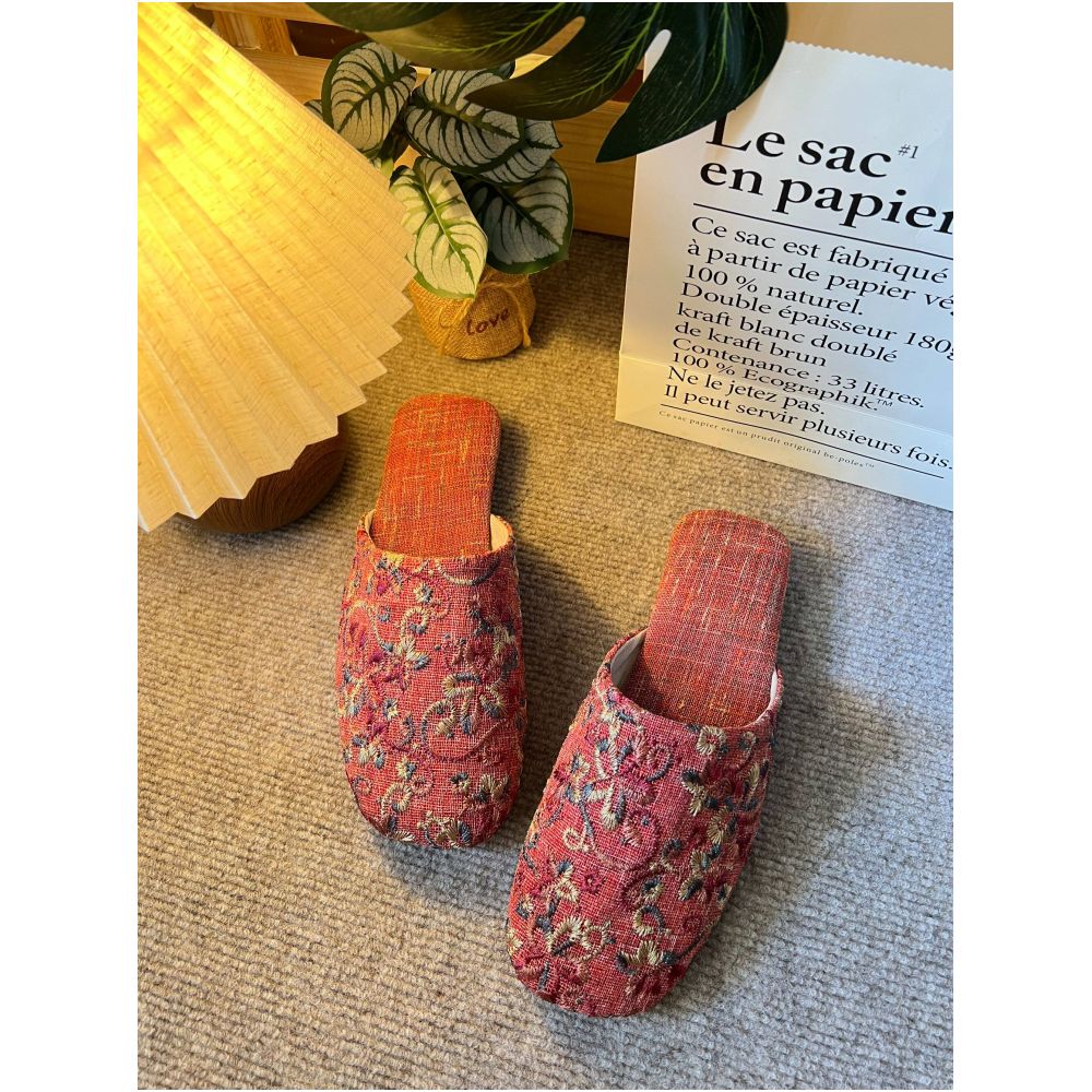 Slippers casual wear for home or outdoor use square toe linen jacquard high end non slip flat breathable unisex embroidered traditional Chinese style image 2