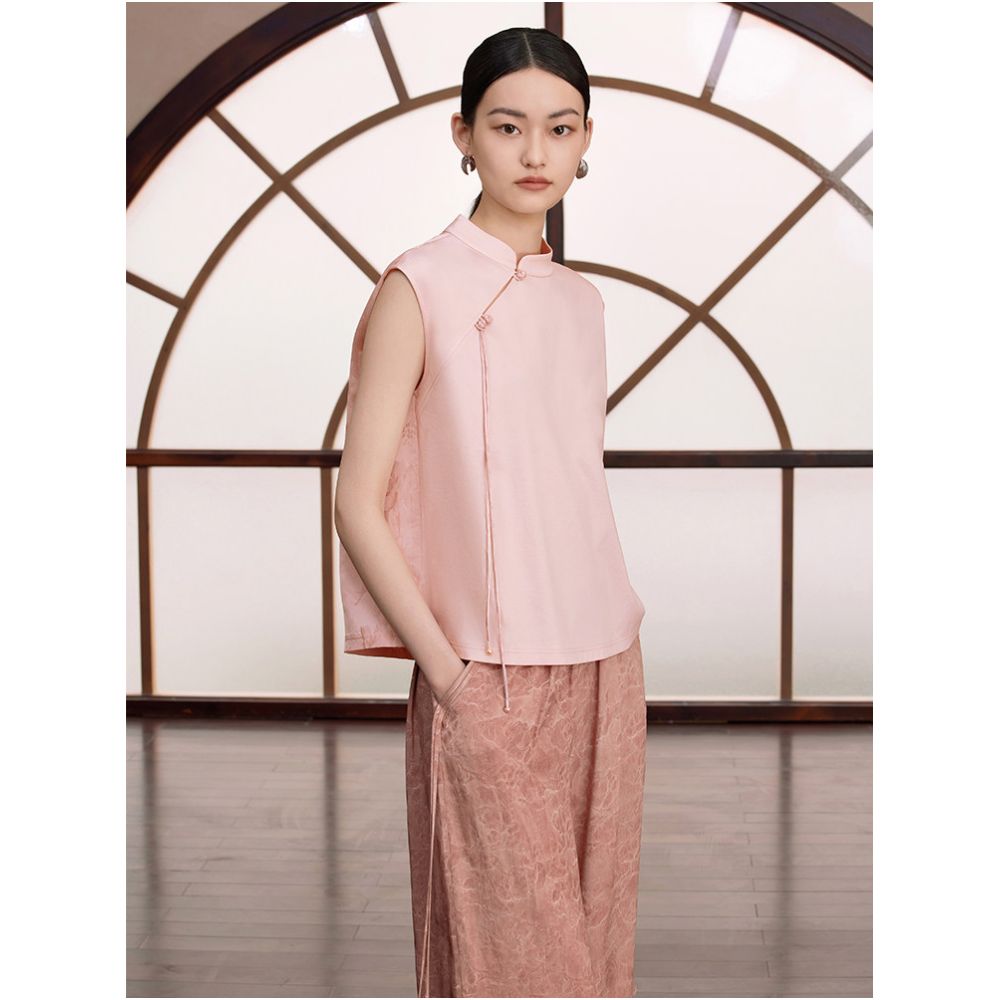 Ruyi Lianyun Summer New Style Stand Collar Asymmetrical Placket Tassel T Shirt Women s New Chinese Style Retro Patchwork Folding Button Top image 0