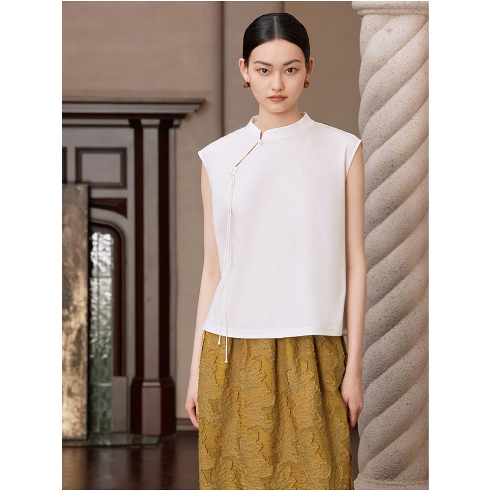 Ruyi Lianyun Summer New Style Stand Collar Asymmetrical Placket Tassel T Shirt Women s New Chinese Style Retro Patchwork Folding Button Top image 2
