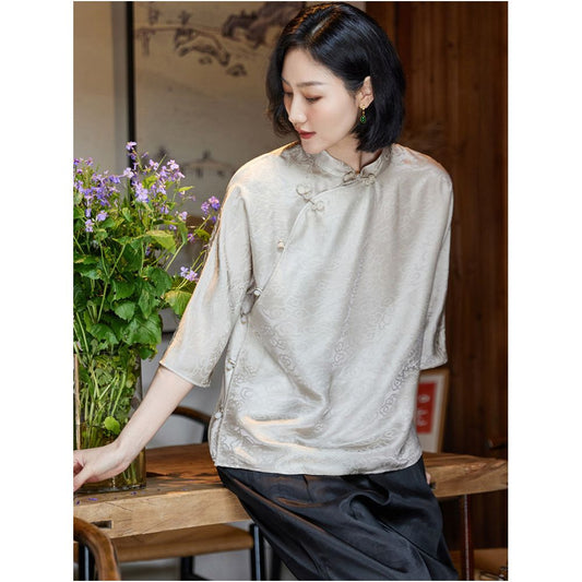 Silk interwoven floral short sleeved button down Chinese style slim fit retro modified stand up collar Tang suit short cheongsam women s top image 0
