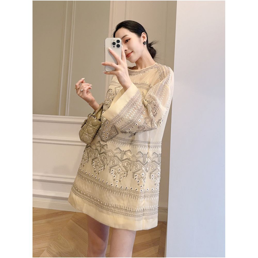 Mandu 100 Mulberry Silk Embroidered Beaded Top Casual Retro Loose Fit Slimming Everyday Drop Shoulder Long Top image 2