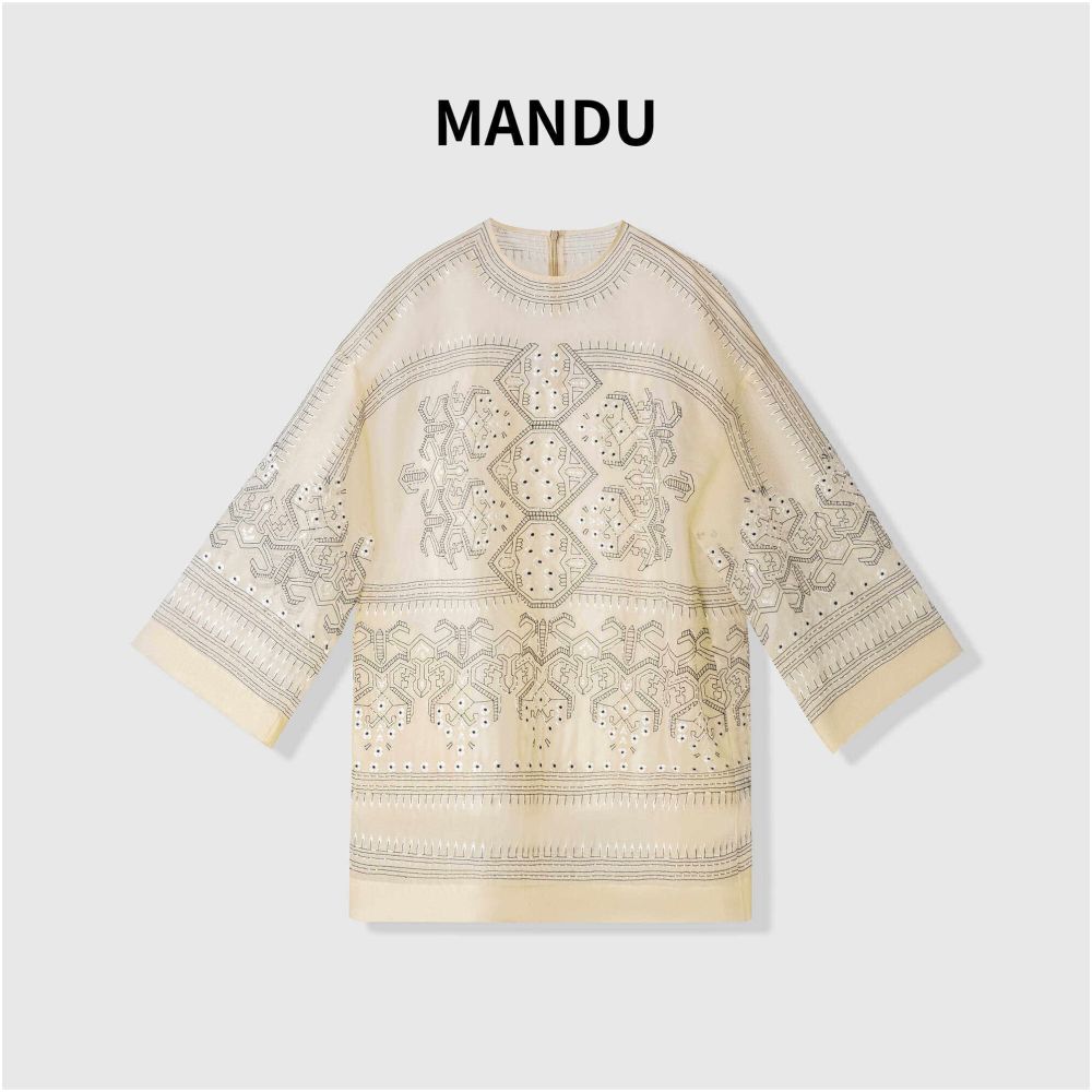Mandu 100 Mulberry Silk Embroidered Beaded Top Casual Retro Loose Fit Slimming Everyday Drop Shoulder Long Top image 0
