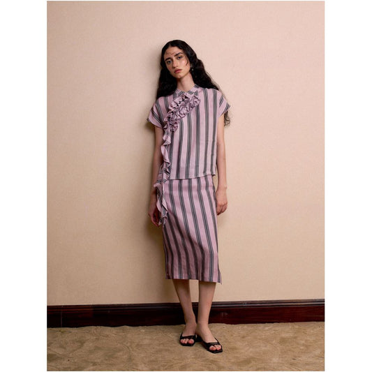 YUANYE Original Summer New Arrival Pink Lotus Leaf Embellished New Chinese Style Striped Stand Collar Short Sleeve Skirt Set image 0