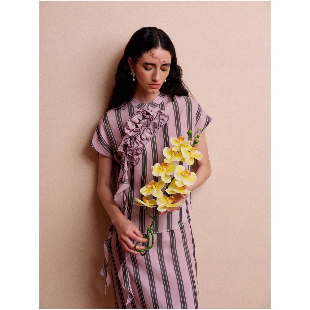 YUANYE Original Summer New Arrival Pink Lotus Leaf Embellished New Chinese Style Striped Stand Collar Short Sleeve Skirt Set image 1