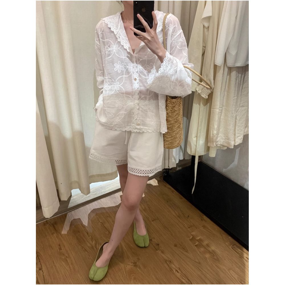 Korean style heavy duty lace embroidered hooded sun protection shirt for women summer thin loose breathable air conditioned shirt top cover up image 5
