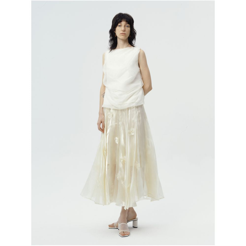 Serrer Light Yellow Pleated Skirt with 3D Floral Decoration image 1