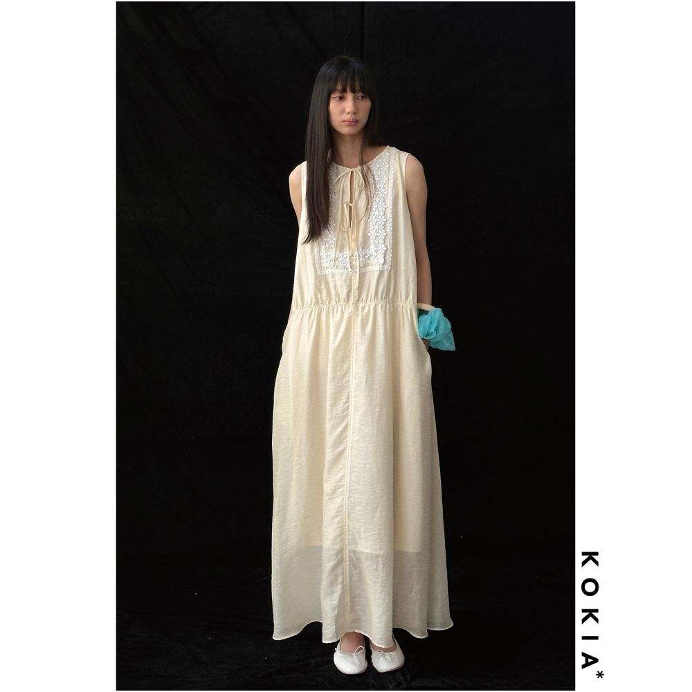 KOKIA in stock Lyocell linen blend French classic lace ribbon sleeveless dress in two colors image 2