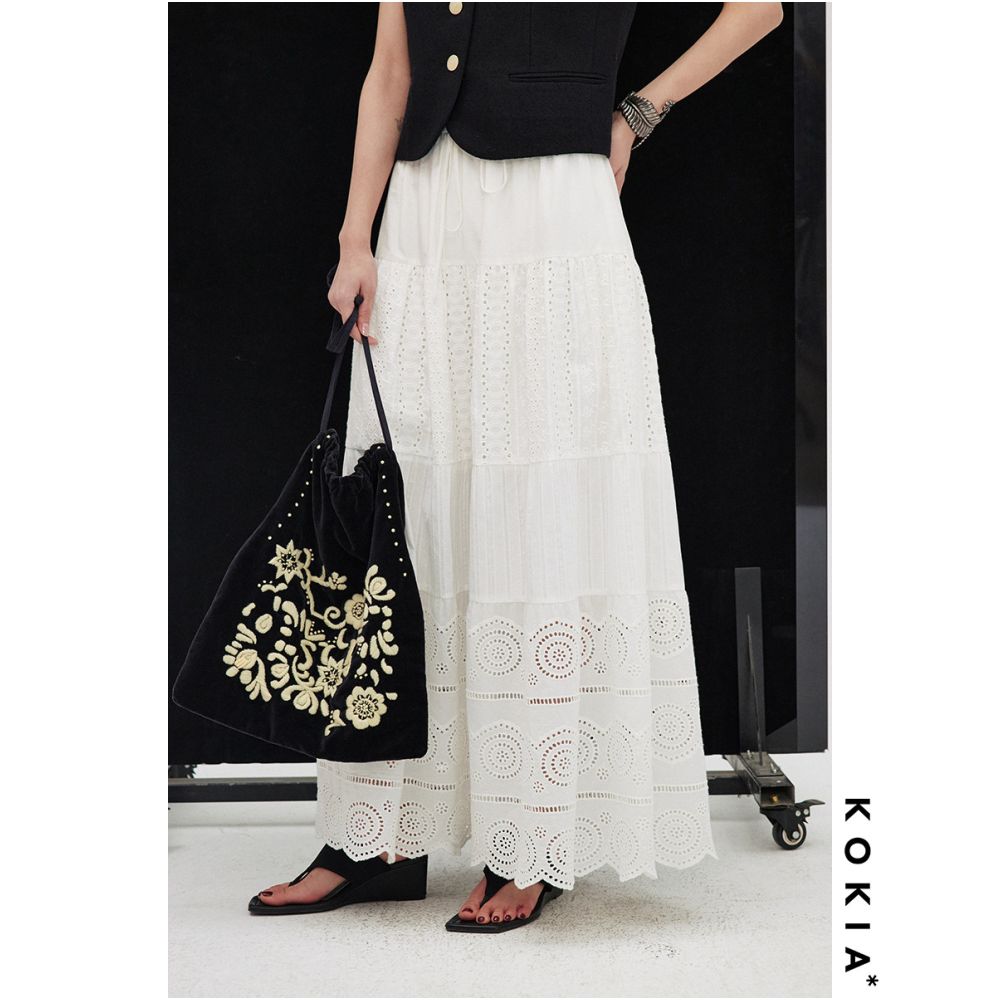 KOKIA in stock celebrity style Madeira embroidered white moonlight lace floral patchwork elastic waist tiered skirt image 0