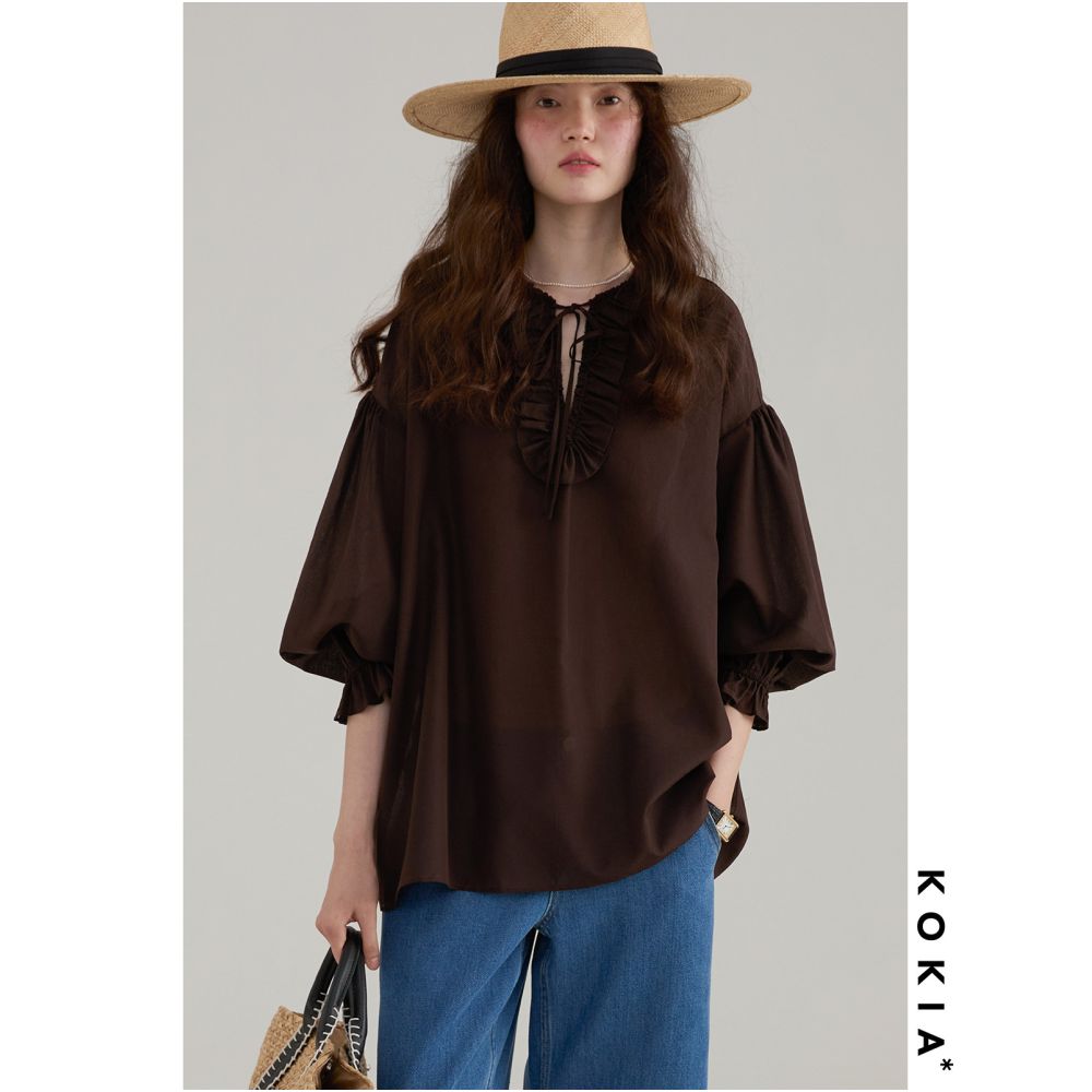 KOKIA In Stock Lightweight and Sheer Floral Gauze Classic Leg of Mutton Sleeves Ruffled V Neck Loose Oversized Pullover Shirt image 1