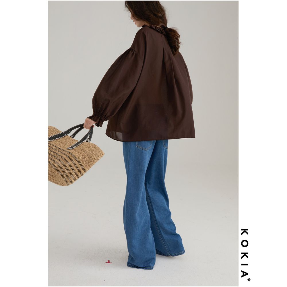 KOKIA In Stock Lightweight and Sheer Floral Gauze Classic Leg of Mutton Sleeves Ruffled V Neck Loose Oversized Pullover Shirt image 3