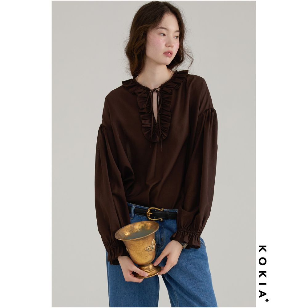 KOKIA In Stock Lightweight and Sheer Floral Gauze Classic Leg of Mutton Sleeves Ruffled V Neck Loose Oversized Pullover Shirt image 4