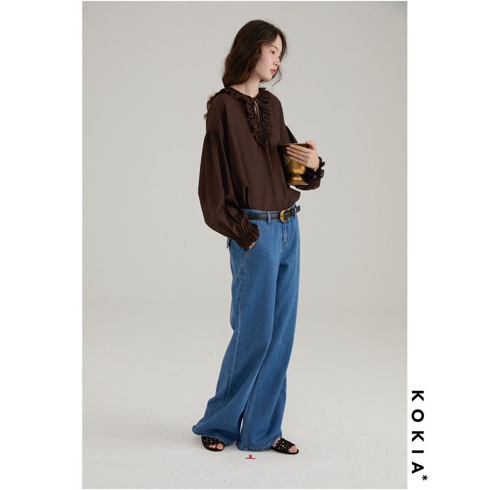 KOKIA In Stock Lightweight and Sheer Floral Gauze Classic Leg of Mutton Sleeves Ruffled V Neck Loose Oversized Pullover Shirt image 5