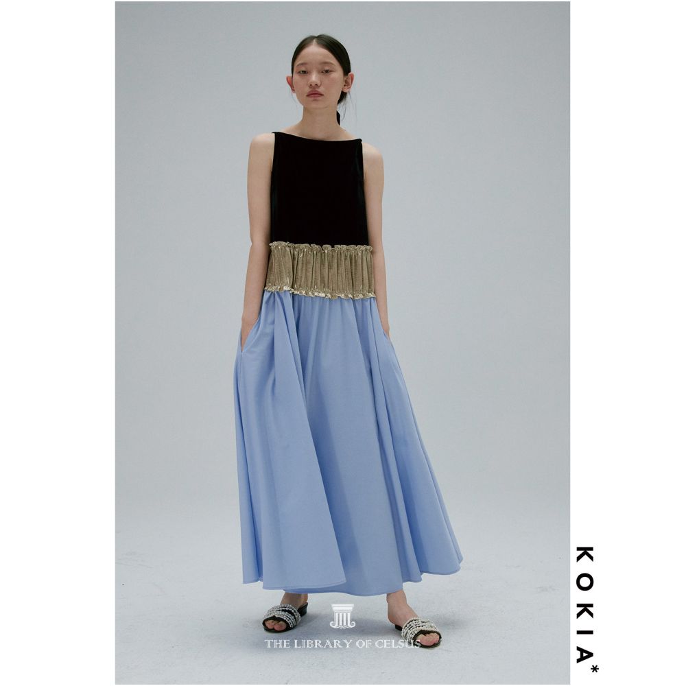 KOKIA In Stock Oil Painting Color Scheme Sheer Velvet Acetate Three Section Patchwork Dress Off Shoulder Color Block Full Skirt image 1
