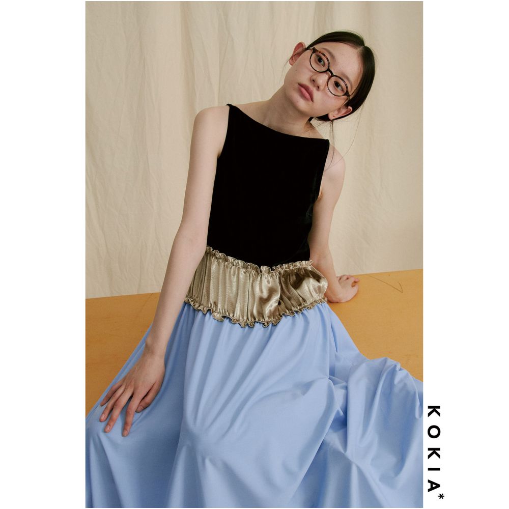 KOKIA In Stock Oil Painting Color Scheme Sheer Velvet Acetate Three Section Patchwork Dress Off Shoulder Color Block Full Skirt image 4