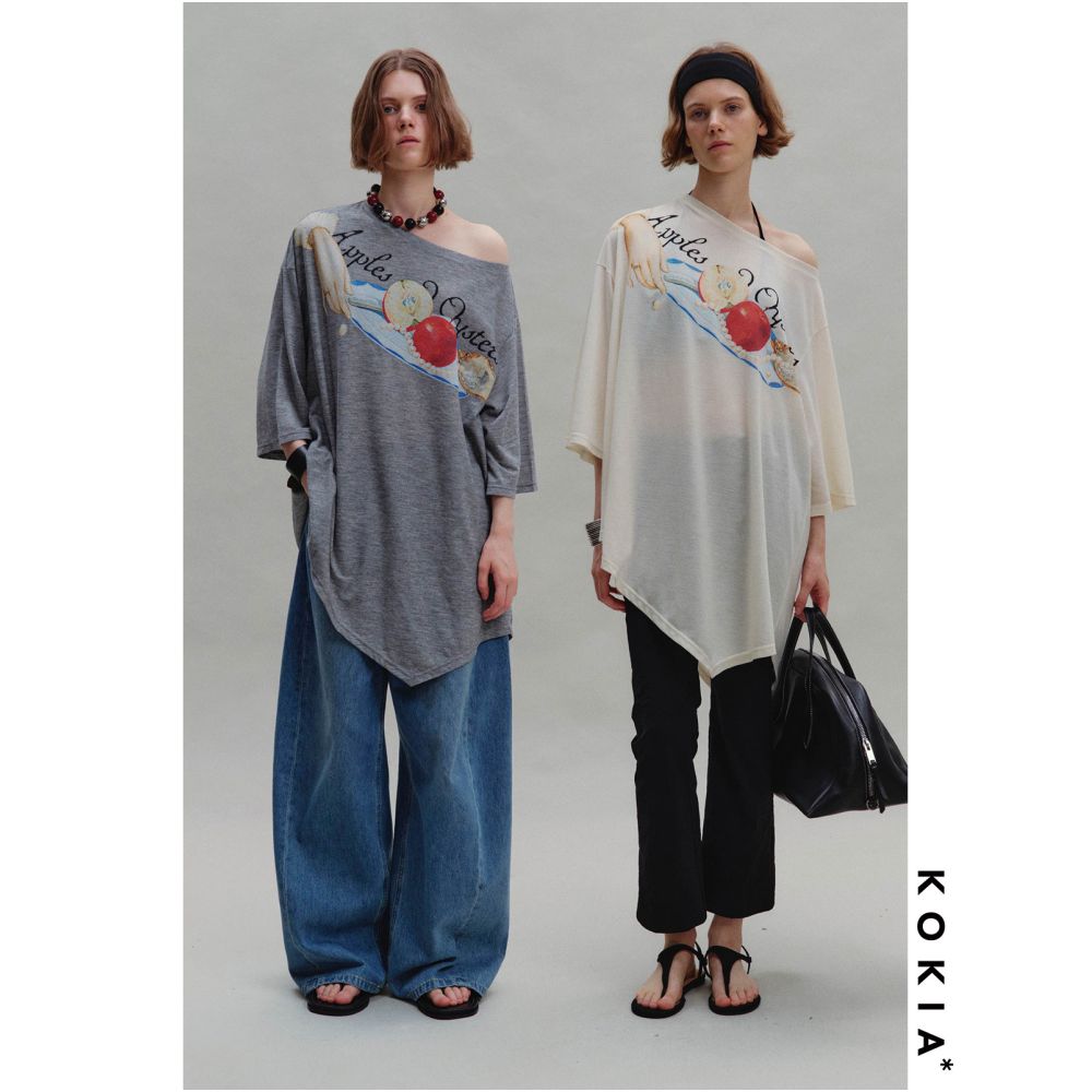 KOKIA Original Oil Painting Print Apples and Oysters Irregular Hem Three Quarter Sleeve Off Shoulder Tee image 0