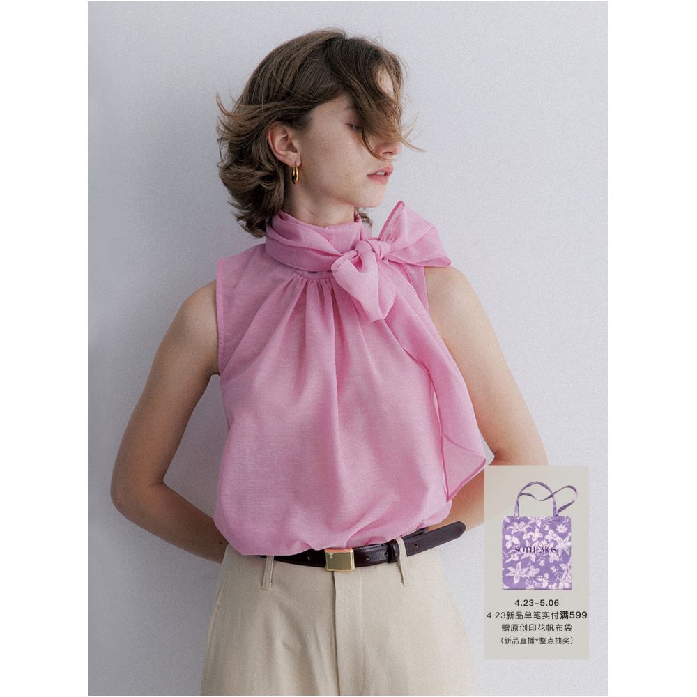SOTHEMOS 25SS Moonlight Sonata New Color Tencel Linen Original Design Sleeveless Ribbon Shirt for Women Summer image 0