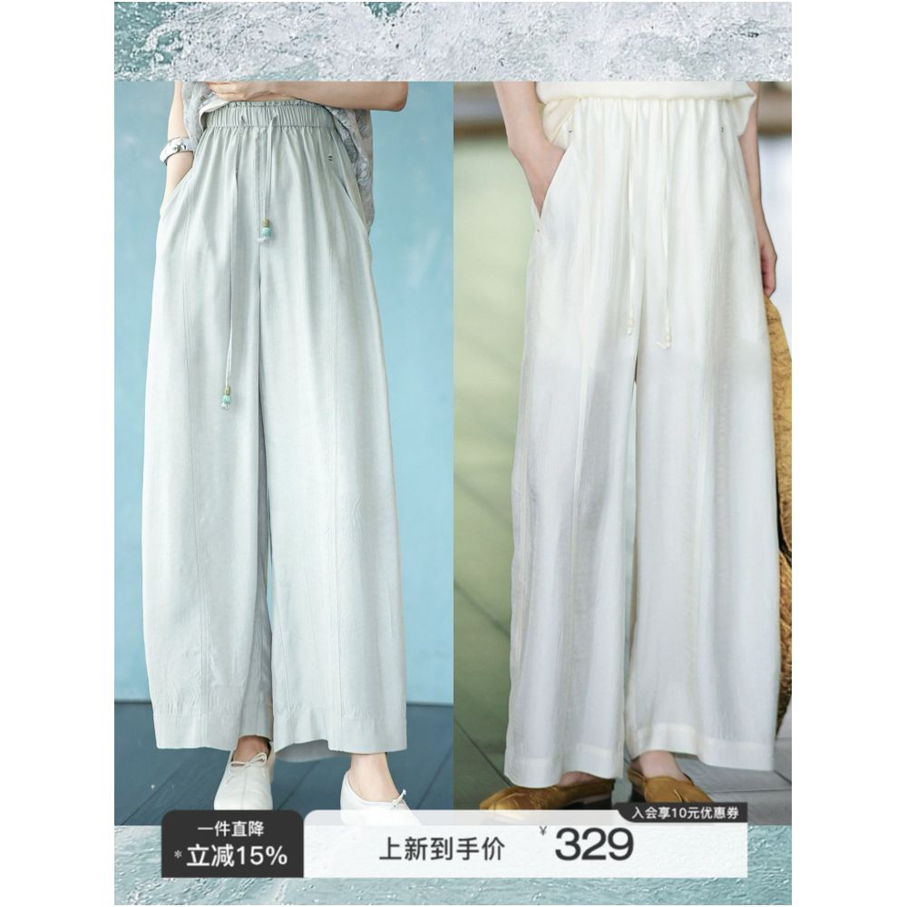 Zhao Daxi Chiang Mai Casual Pants 100 Acetate Fiber Relaxed Fit Elastic Waist Drawstring Cropped Wide Leg Pants for Women image 0
