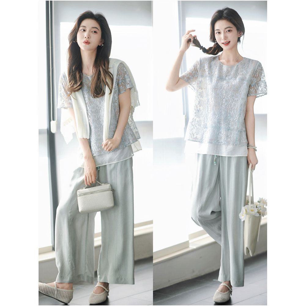 Zhao Daxi Chiang Mai Casual Pants 100 Acetate Fiber Relaxed Fit Elastic Waist Drawstring Cropped Wide Leg Pants for Women image 4