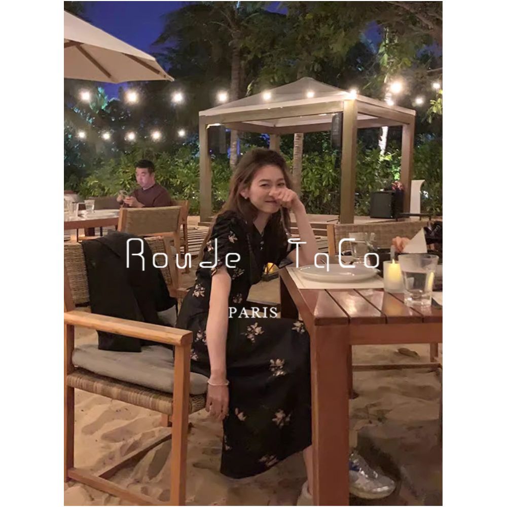 Rouje Taco French retro Hepburn style V neck floral dress black slimming chic design long dress image 3